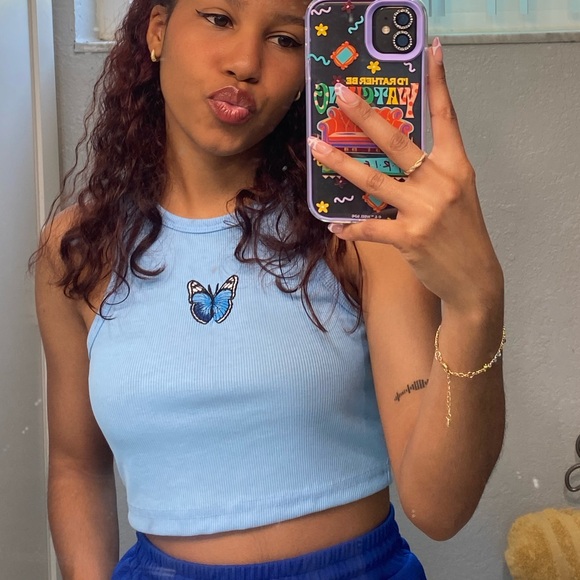 Blue One-Shoulder Top and Shorts Set + Butterfly Top - Picture 4 of 4